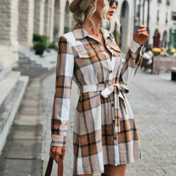 Modern casual Plaid Single Breasted Belted Shirt D - Picture 6 of 6